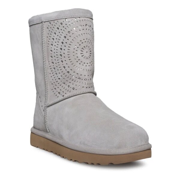 UGG Shoes - UGG Classic Short Sunshine Perf Suede Sheepskin Boots in Seal Gray and Silver